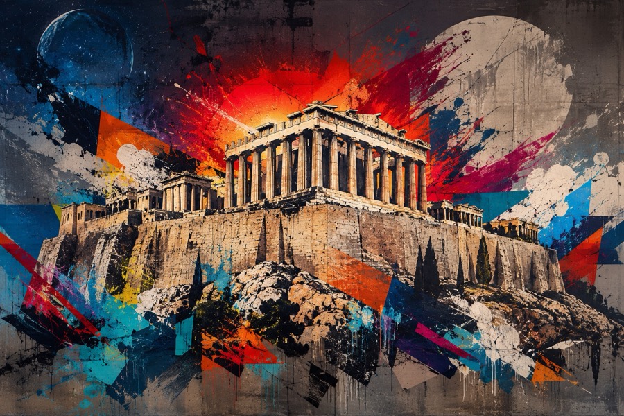 The Acropolis of Athens as a torn street poster, in red, cobalt blue and magenta over concrete.
